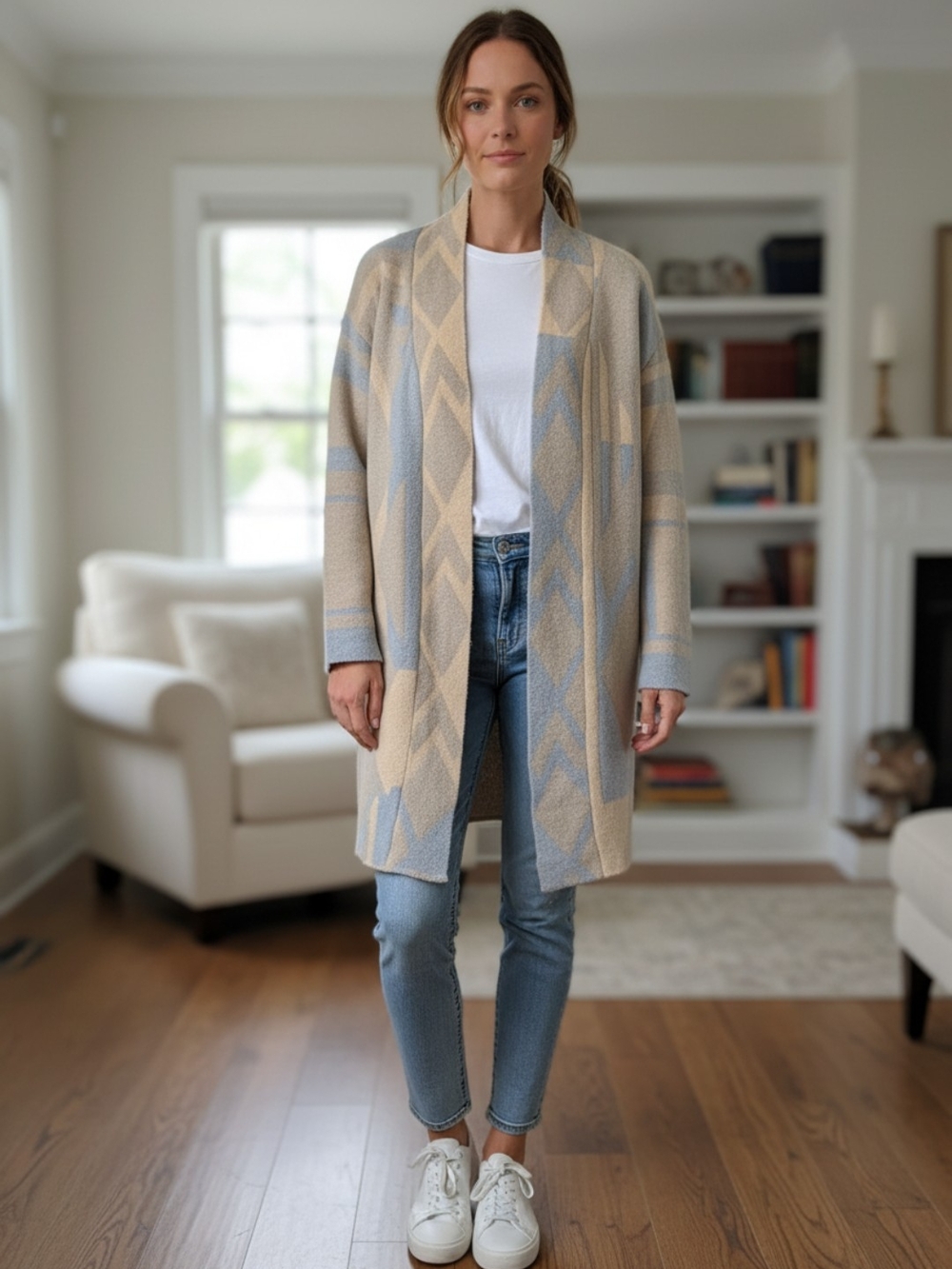 Dreamers Beige and Light Blue Open Front Geometric Cardigan